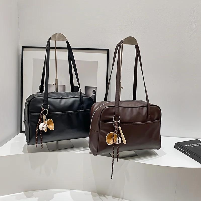 Fashionable Women's Bag, Leather Simple and Versatile Shoulder Bag, Zipper Closure, Large Capacity College Style Armpit Bags