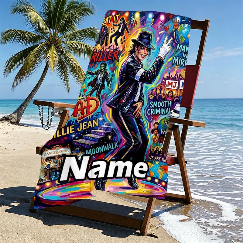 Custom Name Personalized Michael Jackson Print Beach Towel, for Trip Camping Beach Party Home Decor, Birthday Gift for Family & Friends