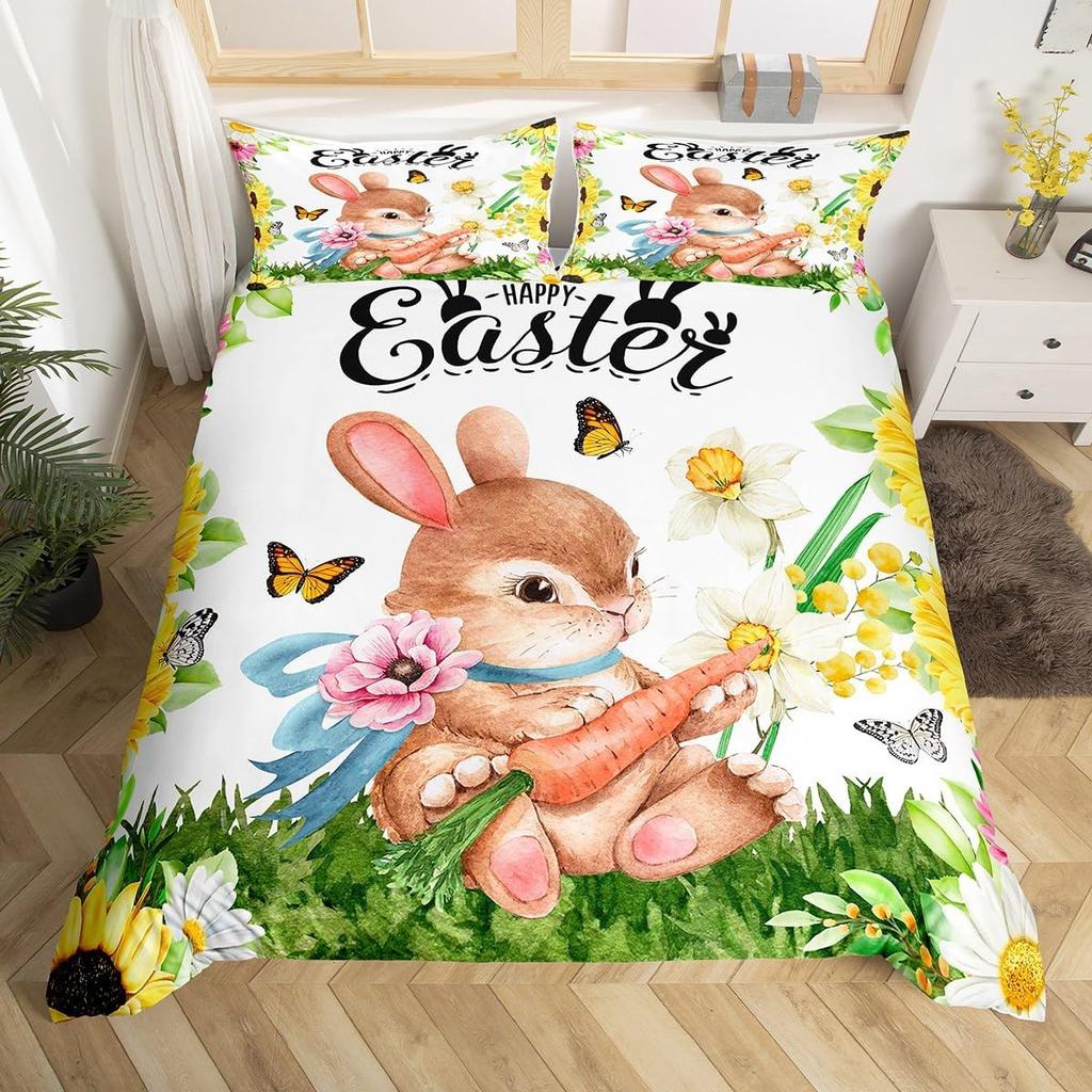 Kawaii Pet Rabbit Duvet Cover Set Full King Spring Botanical Leaves Bedding Set Easter Bunnies Couple Bowknot Print Quilt Cover