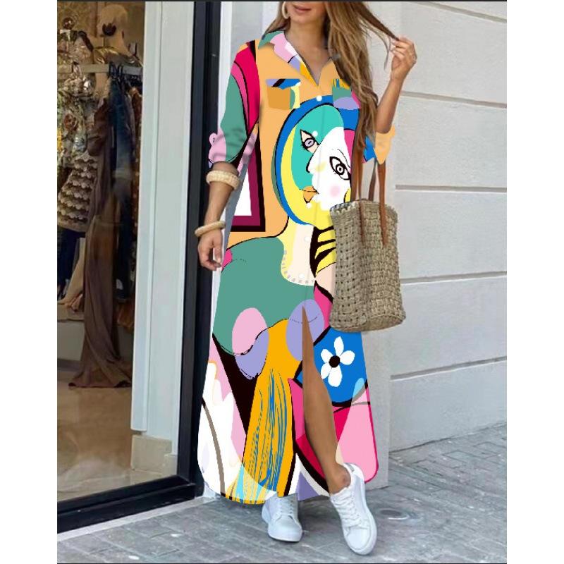 Frauen Langarm Revers Kette Gedruckt Seite Split Lose Lange Hemd Kleid Herbst
