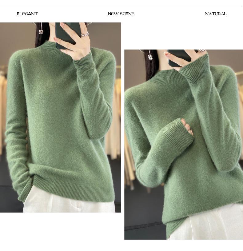 Women's Pure Wool Ribbed Sweater - Autumn/Winter Loose Fit Semi-High Neck Pullover