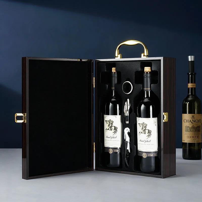 Luxury Double Leather Box Wine Bottle Wooden Organizer Wood Holder for Red Champagne with Cocktail Set