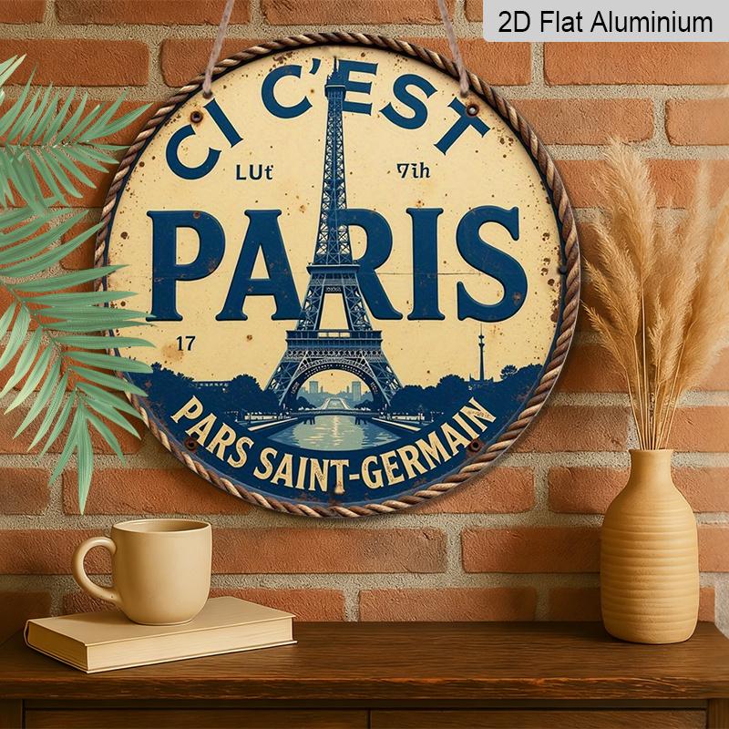 2D Flat, 1pc Vintage-Inspired Paris Eiffel Tower Art - Rustic Round Aluminum Sign with Inspirational Quote, Perfect for Living Room, Bedroom, or