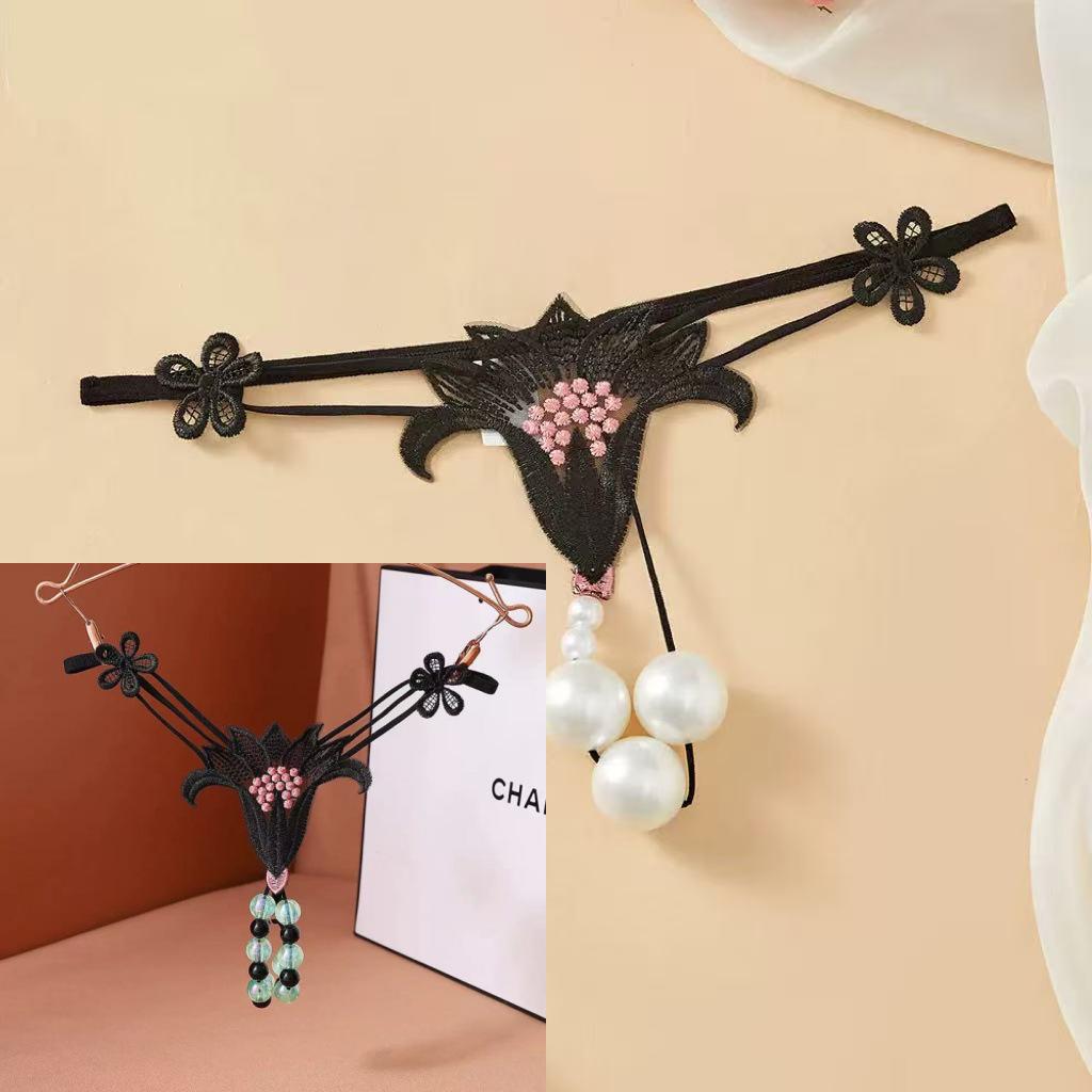 Jade Clam Luminous Pearl Massage Thong - XL Seductive Open Crotch Double Row Panties