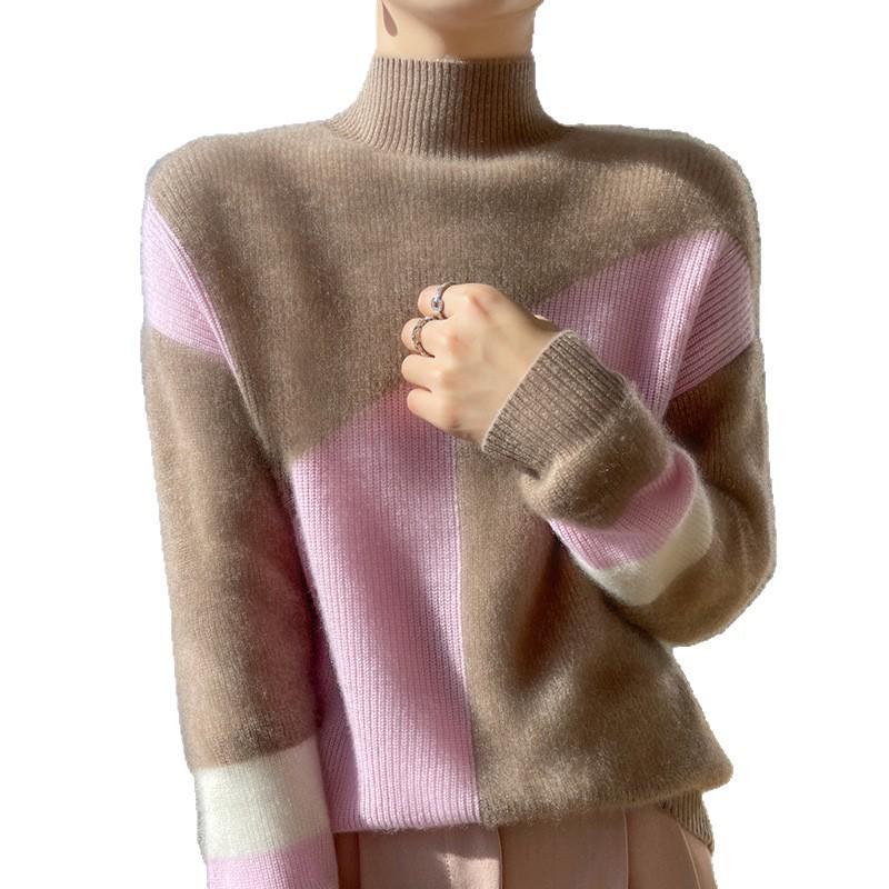 2025 Autumn/Winter Color Block Women's Half-High Collar Knit Sweater