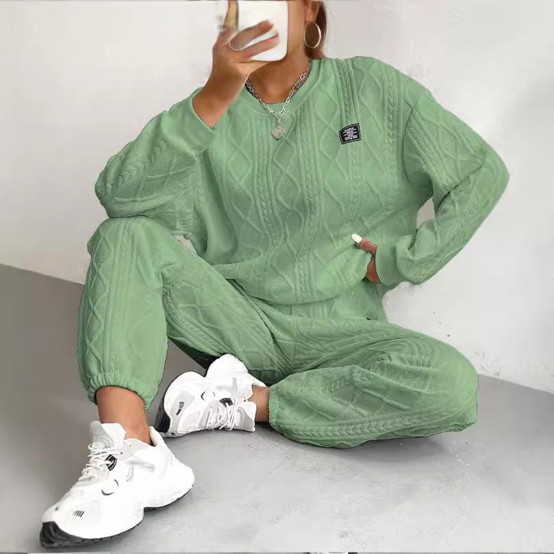 Ladies' Autumn and Winter Solid Color Jacquard Long Sleeved Casual Round Neck Sweatshirt and Pants Set