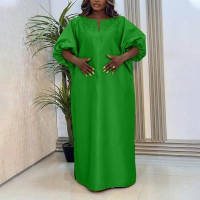 Oversized Women Puff Sleeve Embroidery Patchwork Casual Loose Maxi Kaftan Dress