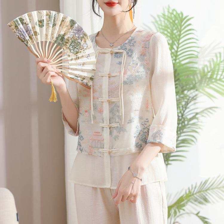 

Шелковый топ с вышивкой, модная рубашка на пуговицах в китайском стиле XXXXXL