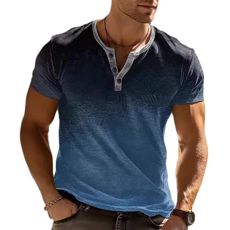 2025 New Men's Daily Casual Striped Gradient Henry Neck Short-sleeved Loose Versatile Pullover
