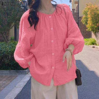 Blusa Casual da Donna a Girocollo a Maniche Lunghe e Ampia a Tinta Unita