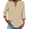 3/4 Sleeve Linen Tops For Women Loose Fit V Neck Button Down Shirts Cute Solid Summer Beach Tee Shirts