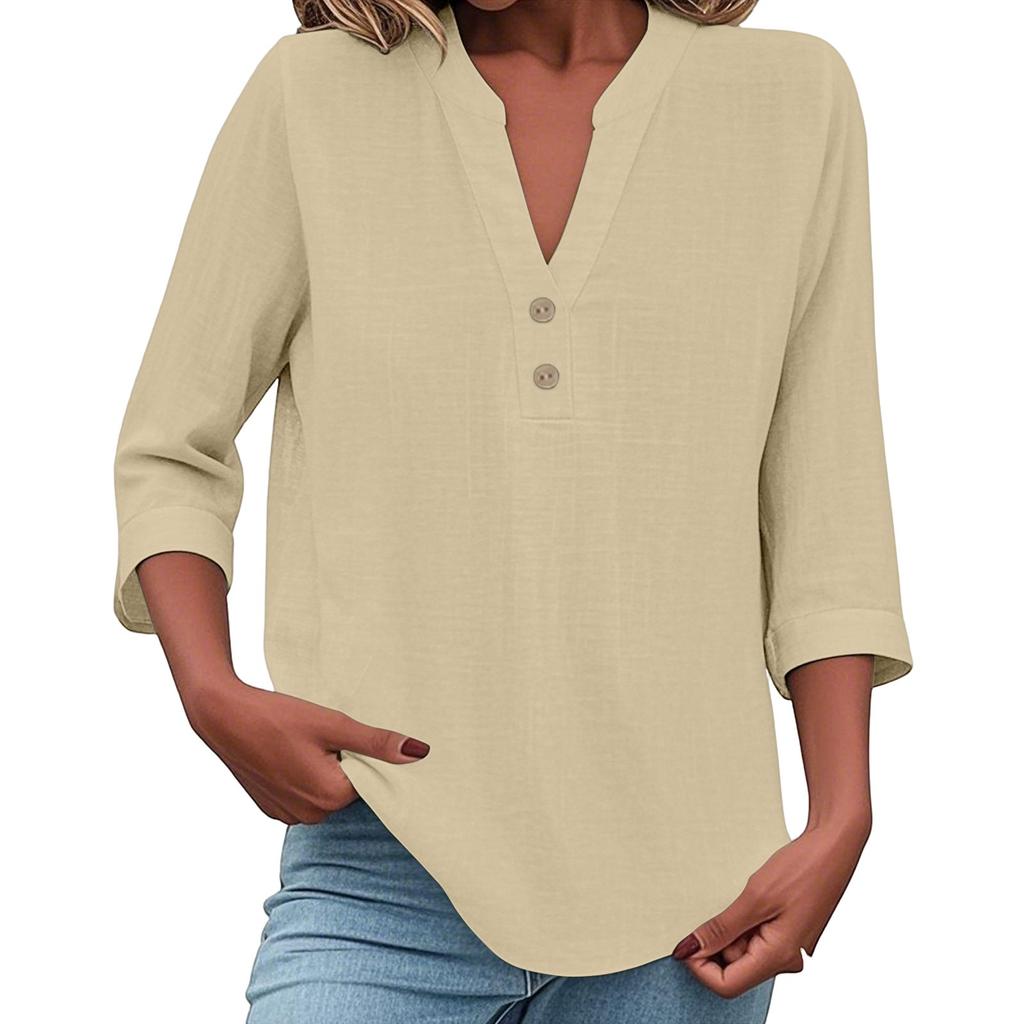 3/4 Sleeve Linen Tops For Women Loose Fit V Neck Button Down Shirts Cute Solid Summer Beach Tee Shirts
