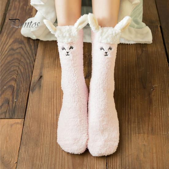 Mid Calf Socks 1 Pair Adults Cartoon Cat Rabbit Alpaca Giraffe Chick Fuzzy Fluffy Thickened Coral Fleece Stretchy Keep Warm Autumn Winter Floor