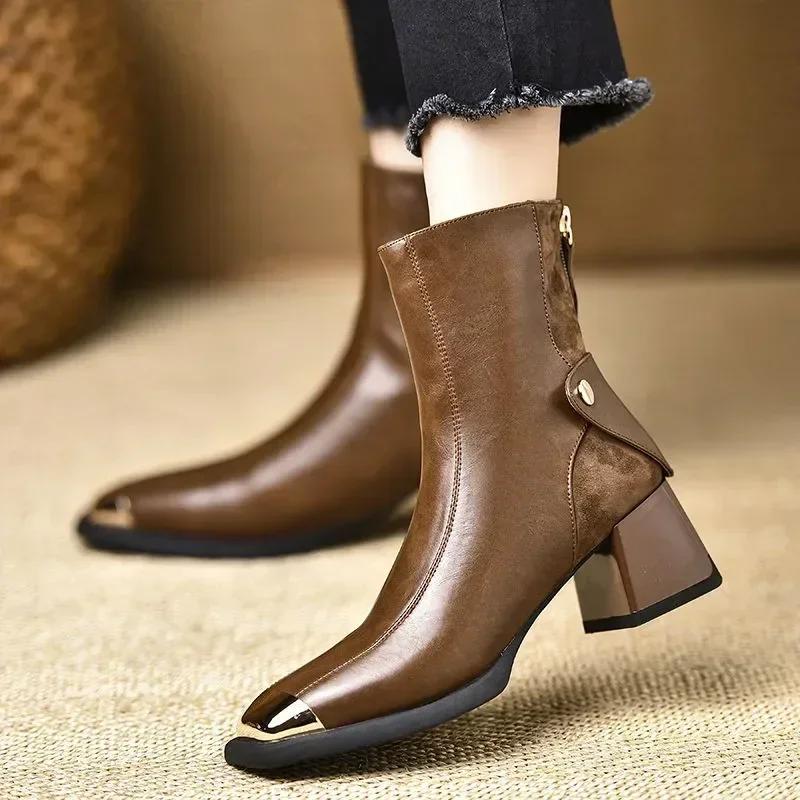 Fashion Women's Fashion Ankle Boots Metal Tip Toe Back Zipper Medium Block Heel Sexy Boots Short Barrel Rubber Sole Leisure Botas Mujer
