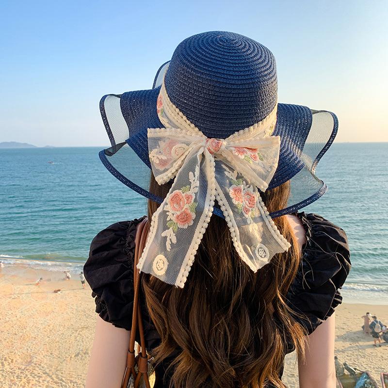 2024 Spring/Summer New Sun Hat with Ribbon Knot Decoration for Adult Straw Hat Sunscreen Beach Hat Elegant