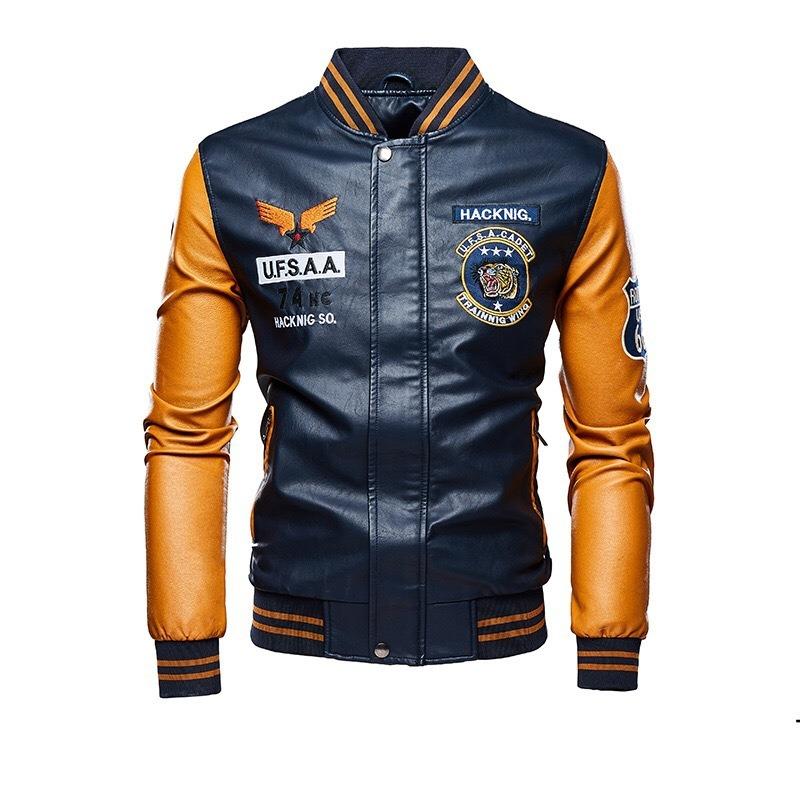 Spring and Autumn Embroidered Motorcycle Leather Jacket for Men, Autumn and Winter Green Zipper Baseball Collar, Men's Leather Jacket Tough Guy Clip