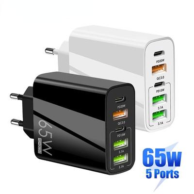 65 W USB-Ladegerät, Schnellladung, QC 3.0, PD 3.0, Wandaufladung, 5 Ports, EU-Stecker, Adapter, Reisen