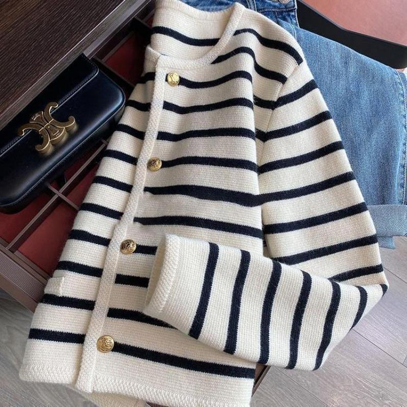 Casual Versatile Black and White Striped Knitted Cardigan Women's New Autumn and Winter Wear Short Sweater Jacket