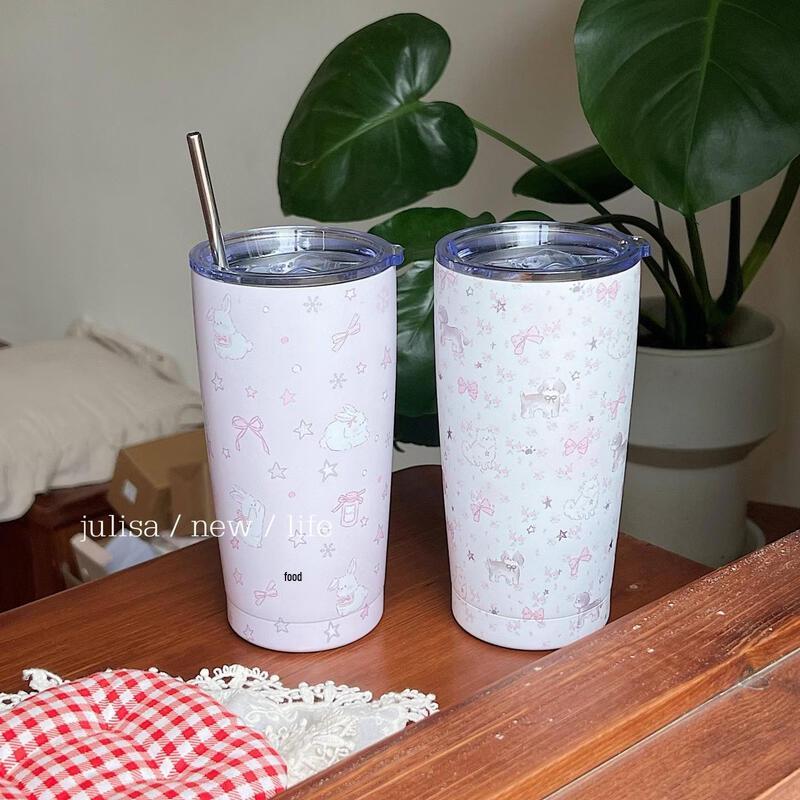 Qiwei Baby Pink Bunny & Floral Insulated Straw Bottle