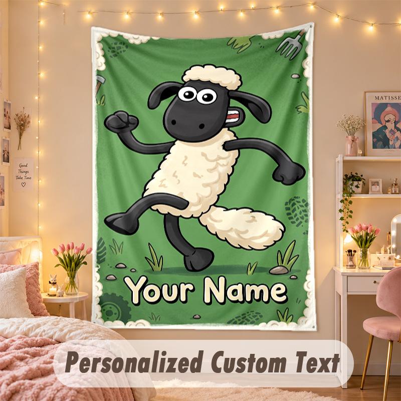 Custom Personalized Tapestry,Shaun the Sheep Print Custom Name Text Wall Art Hanging for Bedroom