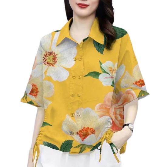 Women Casual Shirt Side Drawstring Shirt Sleeve Flower Pattern Lapel Short Double Breasted Loose Fit