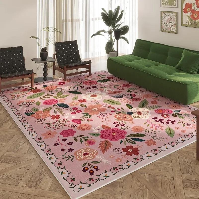 Pink Vintage Floral Living Room Carpet Washable Bohemian Area Rug Non Slip Kitchen Lovely Plant Interior Decor Carpet Nursery