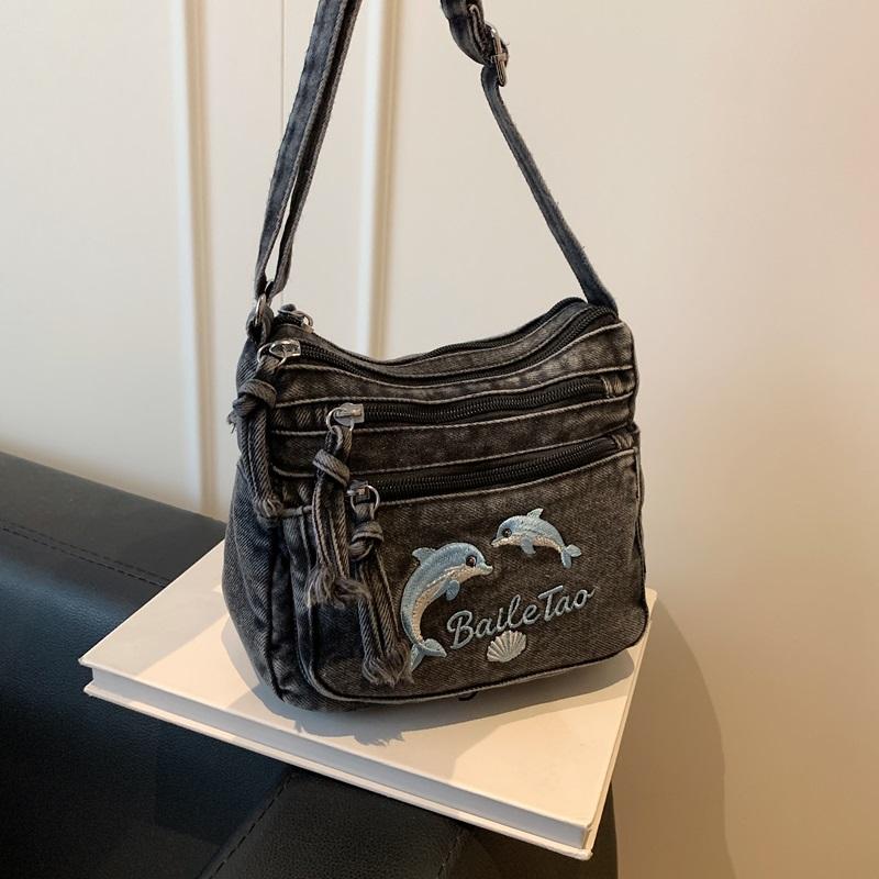 Vintage Denimtasche Damen Mehrschichtig Kleine Tasche Bestickt Schulter Crossbody-Tasche