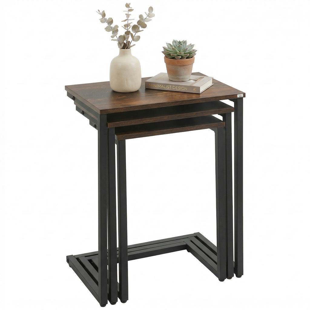 Nesting Side Tables Set of 3, C-Shaped Snack Side Tables with Steel Frame for Sofa Couch and Bed, Rustic Brown