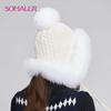 SOMALER Winter Knit Real Fur Hats for Women Real Fox Fur Earflap Cap with Fur Pom Pom Warm Knitted Ear Protection Beanies