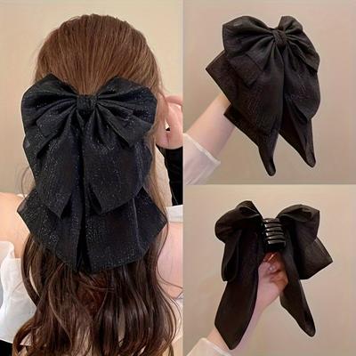 1 Stück Sanftes Temperament Schwarzer Übergroßer Schleifen-Streamer Haarspange, Hinterkopf Haarklammer, Haarnadel, Kopfschmuck-Clip.