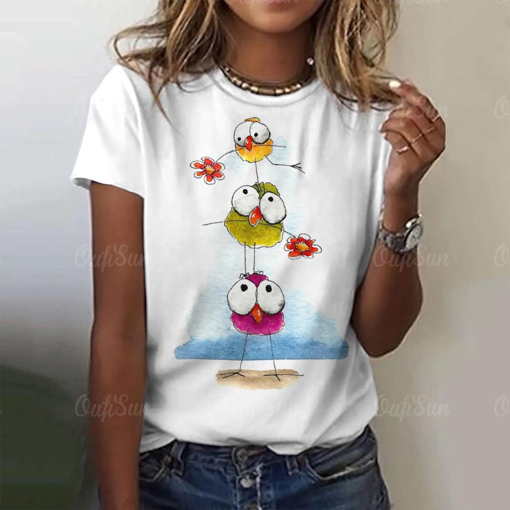 Maglietta da Donna con Grafica di Uccello Cartone Animato Estate Nuova Girocollo Pullover Femminile Ampia Street Maniche Corte T-shirt Moda Abbigliamento da Donna