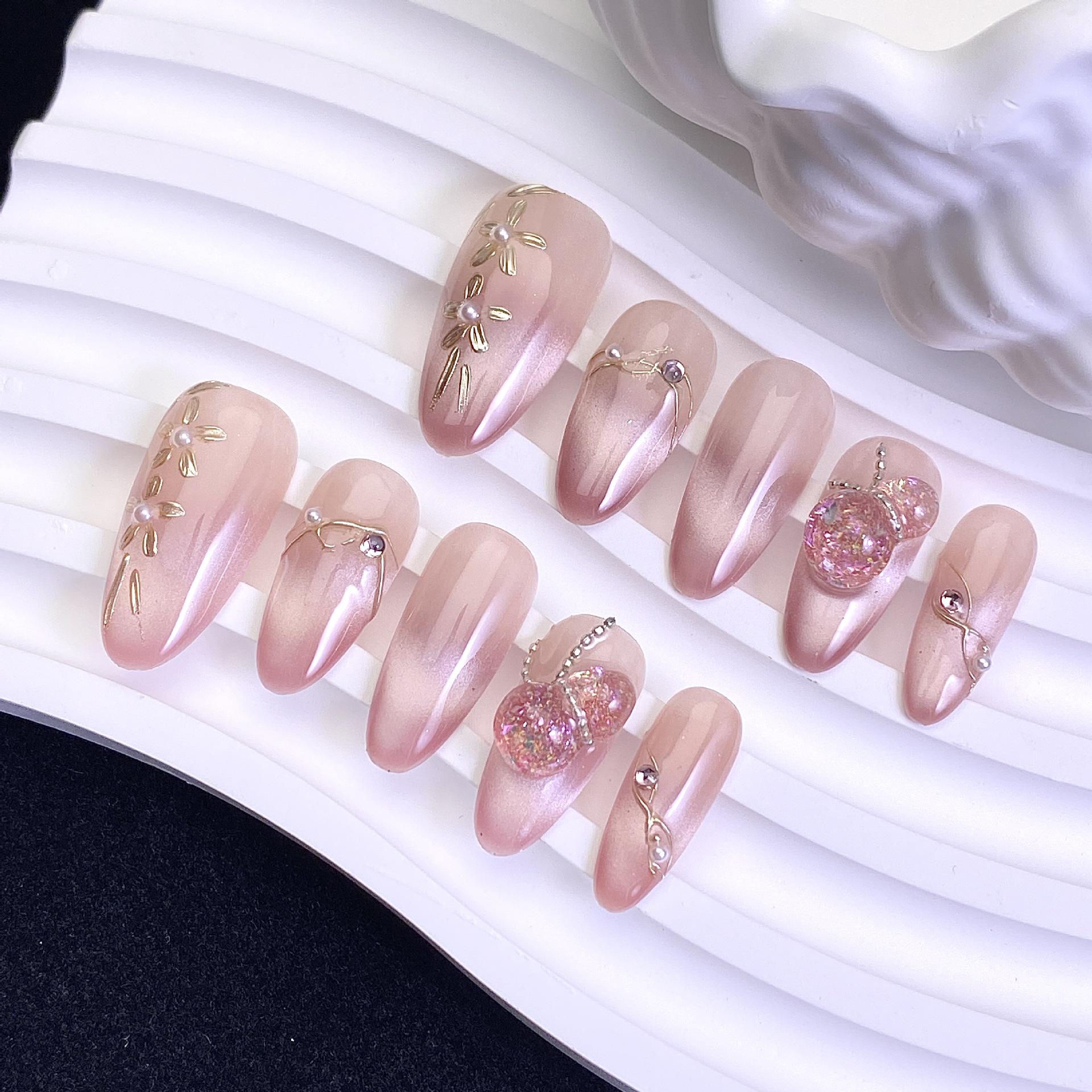 Oval Gradient French Cat-Eye Press-On Nails with Hand-Painted Flower Design - Medium Length, Detachable Nail Art Pieces. Medium