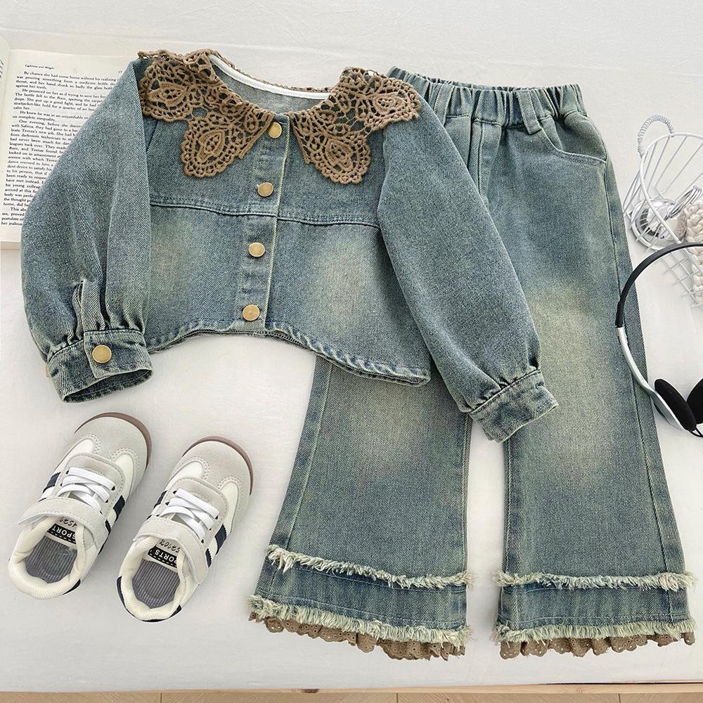 

Девочки, джинсовая куртка и джинсы с бахромой в корейском стиле, коллекция осень 2025 90cm