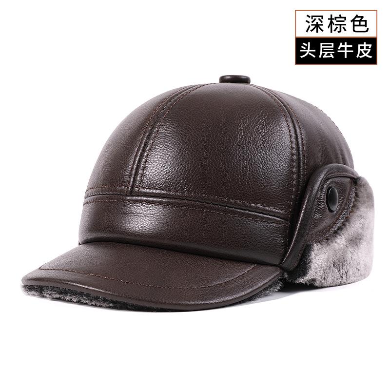 Men Genuine Cowhide Leather Winter Hat Thick Warm Trapper Cap with Ear Flaps Outdoor Windproof Baseball Bomber Hat for Elderly