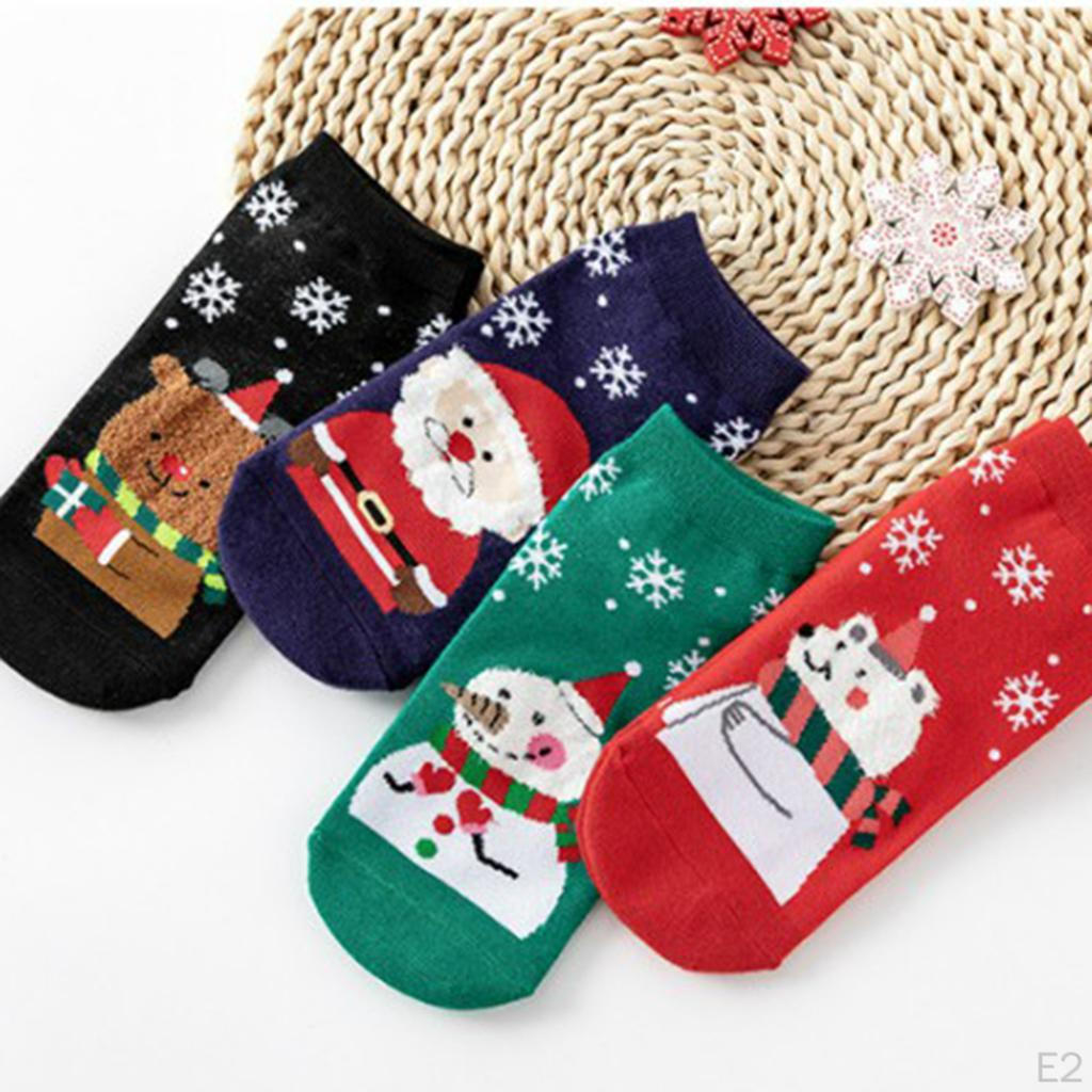 4 Pairs Breathable Fashion Ankle Socks Holiday Chrismas Short Sock Snowman Elk Pattern Low Crew