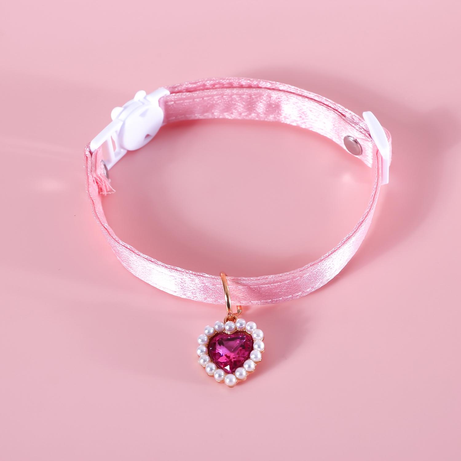 

Pet Heart Pendant Collar for Cats, Anti-Choking Design, Double-Layer Pearl Heart Pendant Necklace for Princess Kittens and Puppies S рожевий