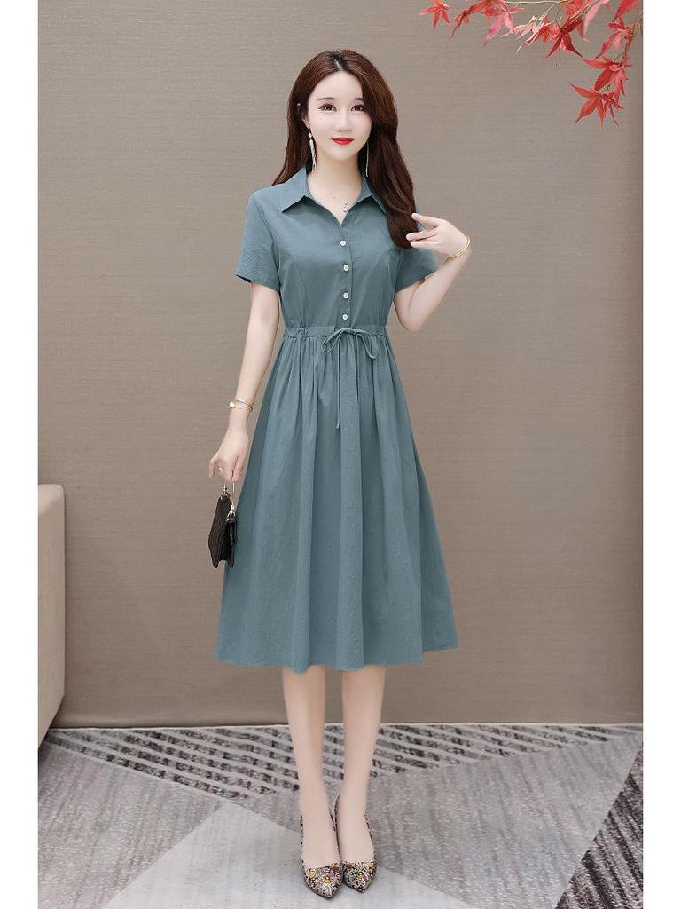 Women's 2023 Summer Solid Color Cotton Linen A-line Dress, Short Sleeve, Casual Slimming Design