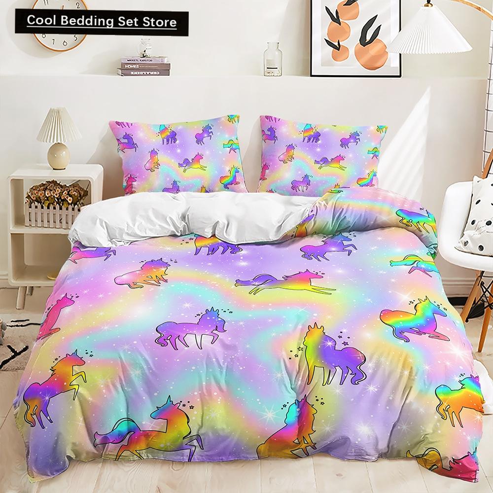Rainbow Unicorn Bedding Set King Queen Size Rainbow Unicorns Duvet Cover Set with Pillowcase Polyester Bed Linen for Kids Girls