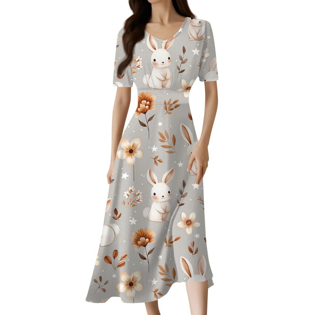 Damen Casual Fashion Gradient Print V-Ausschnitt Kurzarm Taille Langes Swing Kleid