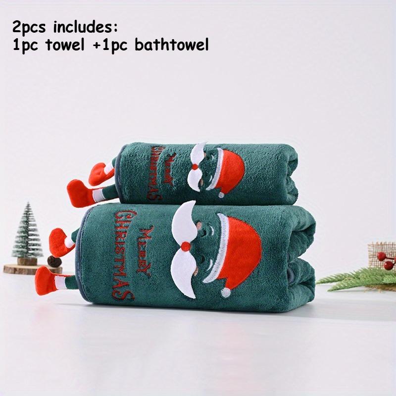 2pcs Christmas Family Set with Snowman, Reindeer & Santa Design Towels Ultra-Soft Coral Fleece Bath Towel, High Absorbency Gift