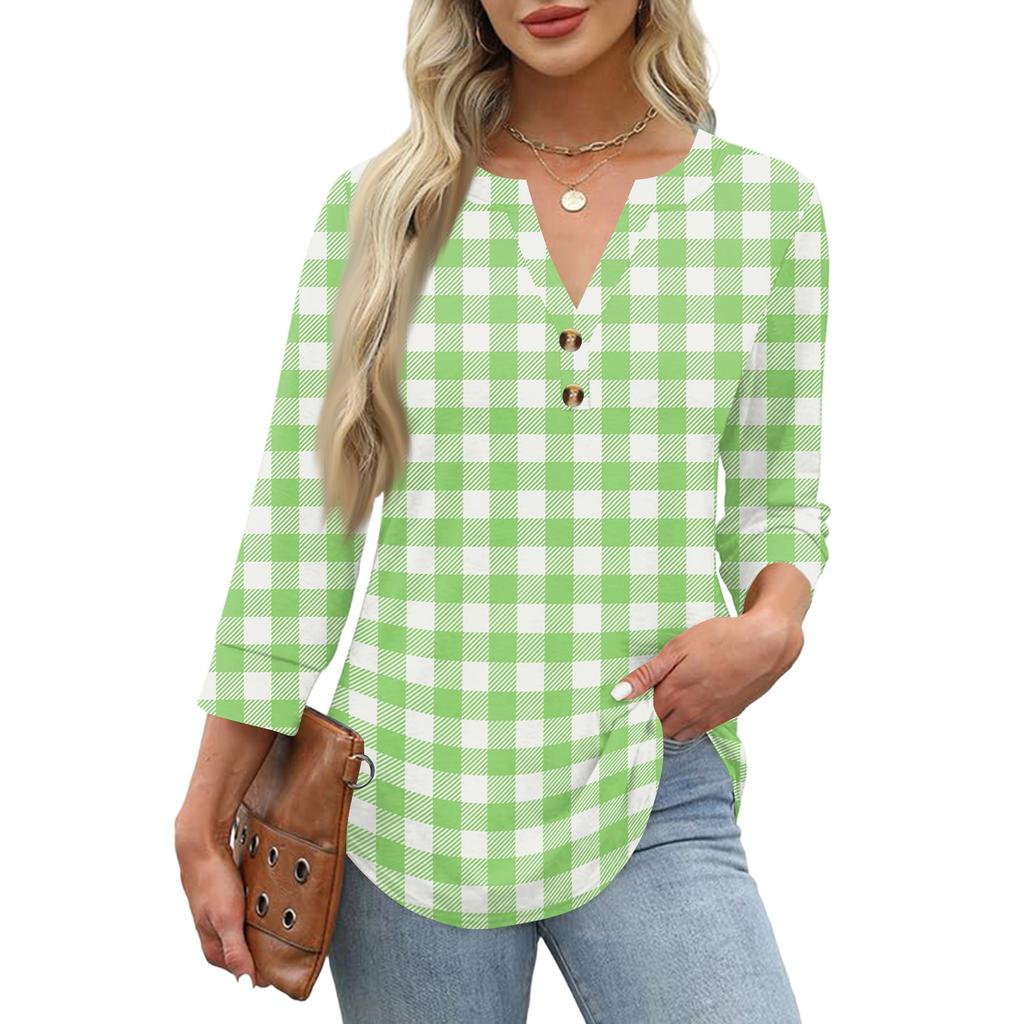 Damen Freizeit Karo Print Ausschnitt 3/4 Ärmel T-Shirt Top für den Alltag und das Wochenende