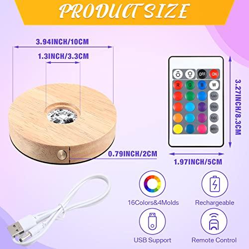 Rechargeable Wooden Round LED Base 16 Kinds of Light Effect with Remote Control Crystal Glass Artwork Display Lamp Holder Brown