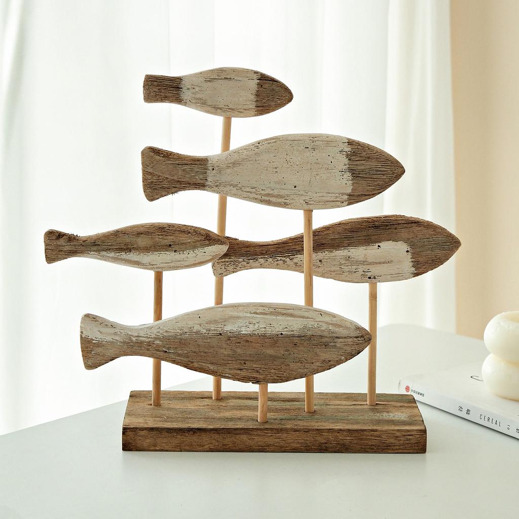 Retro Meeresstil 3D Holzschwarm von Fischen Dekorationen Kreativ Mediterran Handgeschnitzt Schreibtischornamente DIY Bar Heimdekor