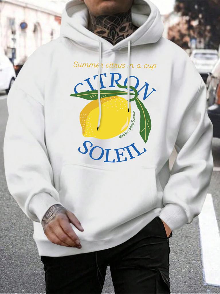 Citron Soleil Zitronenfrucht Druck Herren Hoodies Hip Hop Locker Unisex Streetwear Lässiger Kapuzenpullover mit Tasche Herbst Fleece Herren Pullover