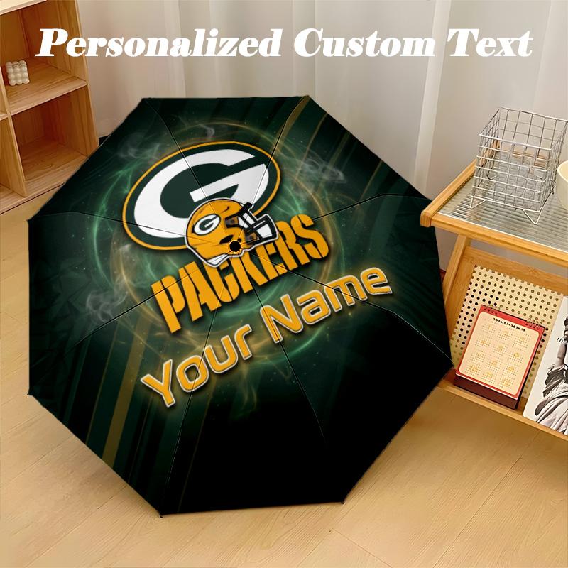 Green Bay Packers Automatic 8‑ribs Umbrella, Custom Name Text Personalized Folding Umbrella Rain Sun Gift