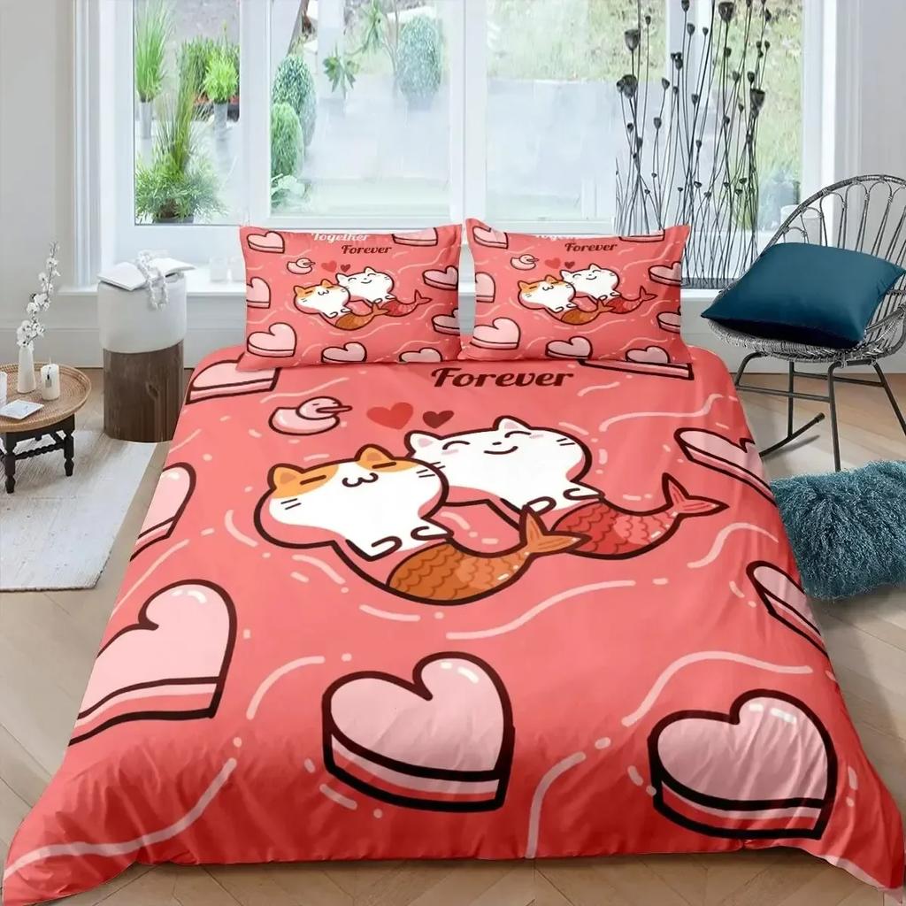 Rainbow Cartoon Cat Colorful Mermaid Comfortable Duvet Cover Pillowcase Bedding Set Children Bedroom Decoration Home Textile