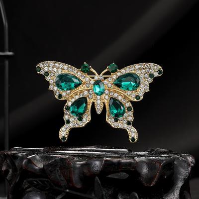 French Retro Emerald Rhinestone Butterfly Brooch, Heavy Industry Light Luxury Vintage High-End Fashion Suit Pin