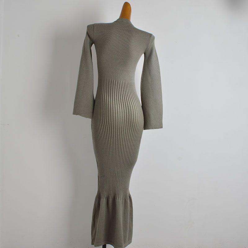 Export Single Sexy round-Neck Flared Sleeves Knitting Dress Women's Clothing Spring & Fall Winter Silm Thin Over the Knee Fishtail Dress