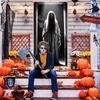 2D Creepy Halloween Ghost Door Banner, Spooky Skeleton Woman Backdrop