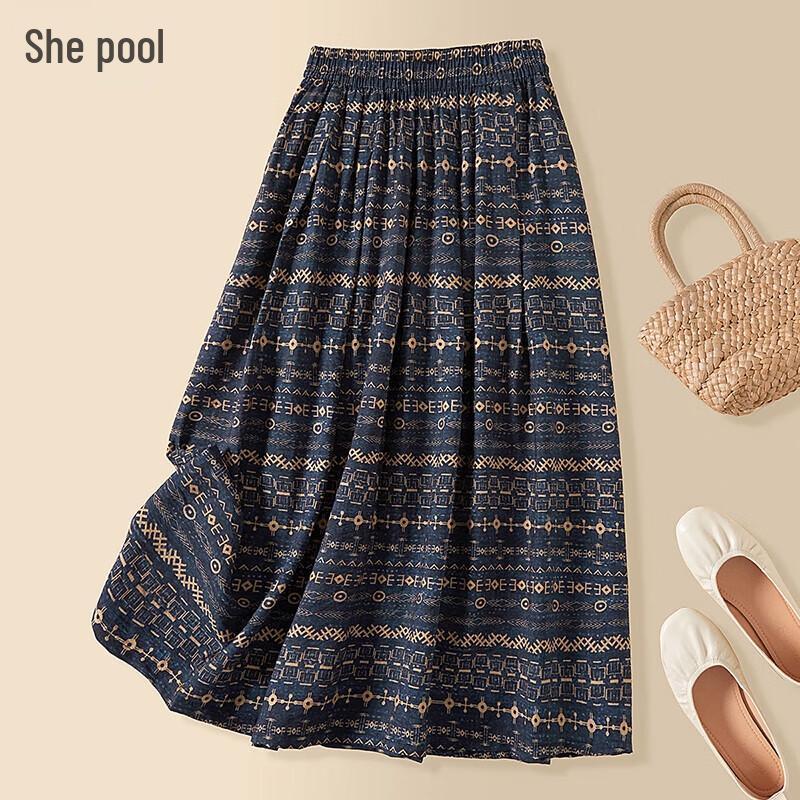 Women s Retro Print Elastic Waist A-Line Midi Skirt ONE SIZE